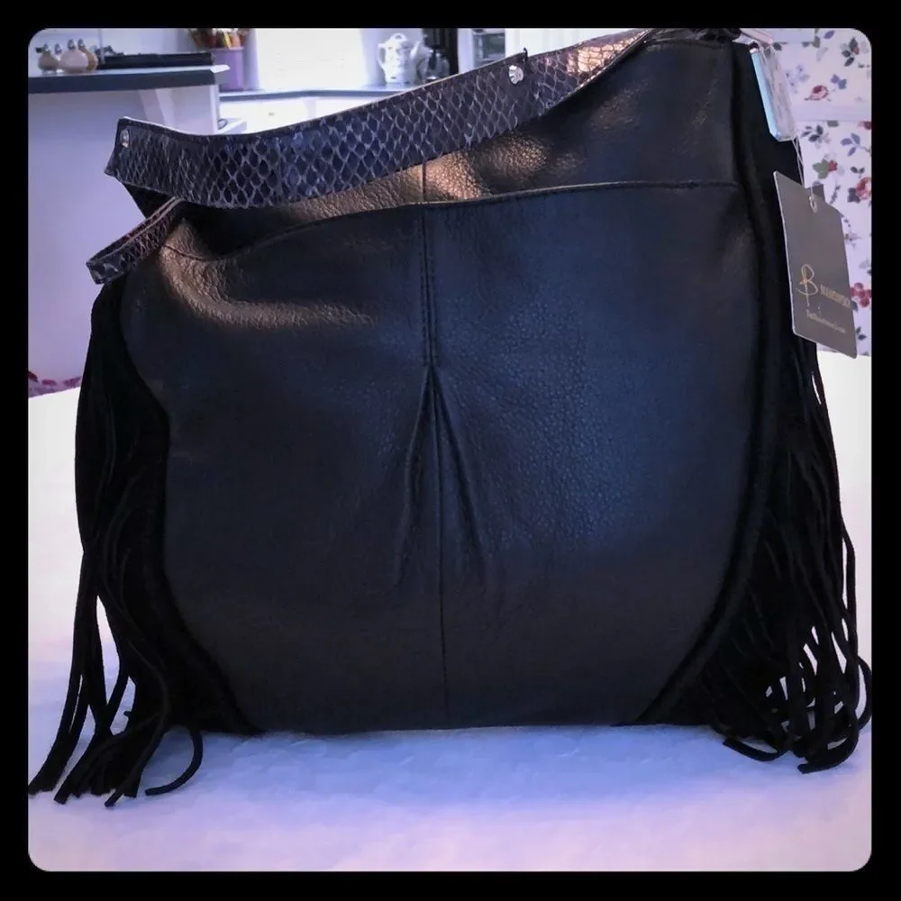 NWT B Makowsky Black Leather Hobo with Snake strap